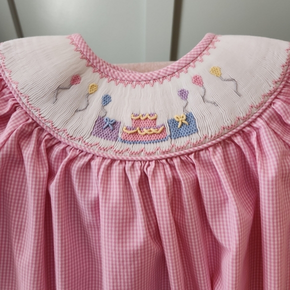 Stitchy Fish 4t Smocked pink white birthday cake balloons balloon dress - Picture 2 of 5